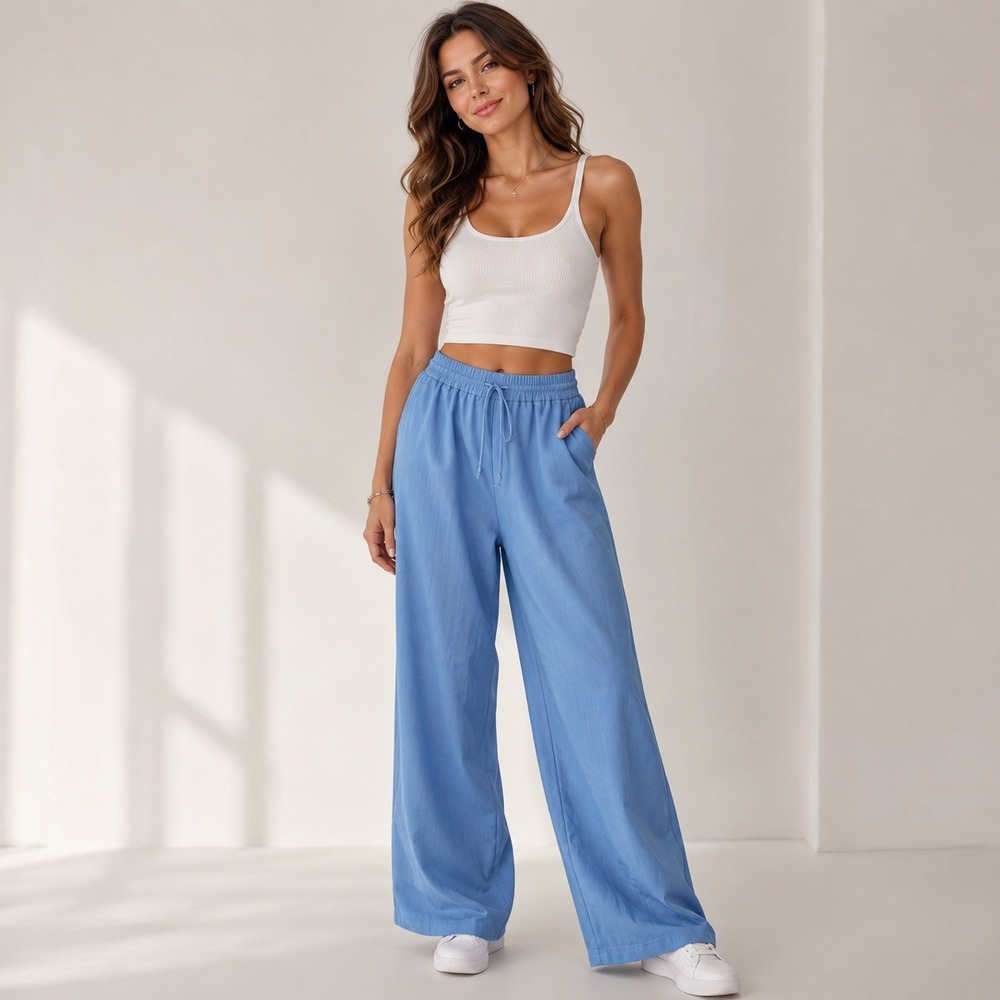 Halara High Waisted Drawstring Linen-Feel Wide Leg Casual Pants Blue SP‎ NEW